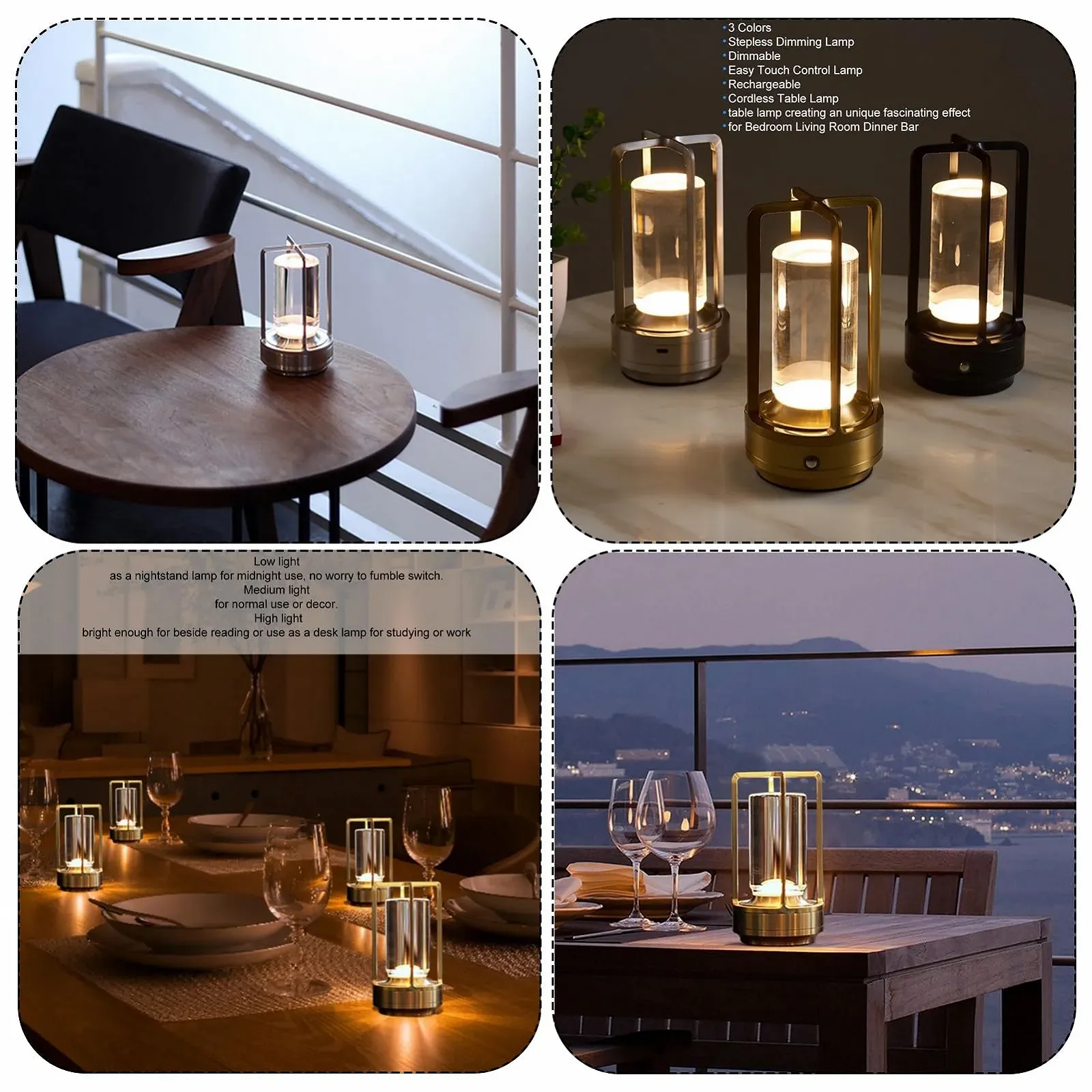 Настільна лампа металева бездротова 3 кольори димована LED акумуляторна сенсорна Золота, фото №2