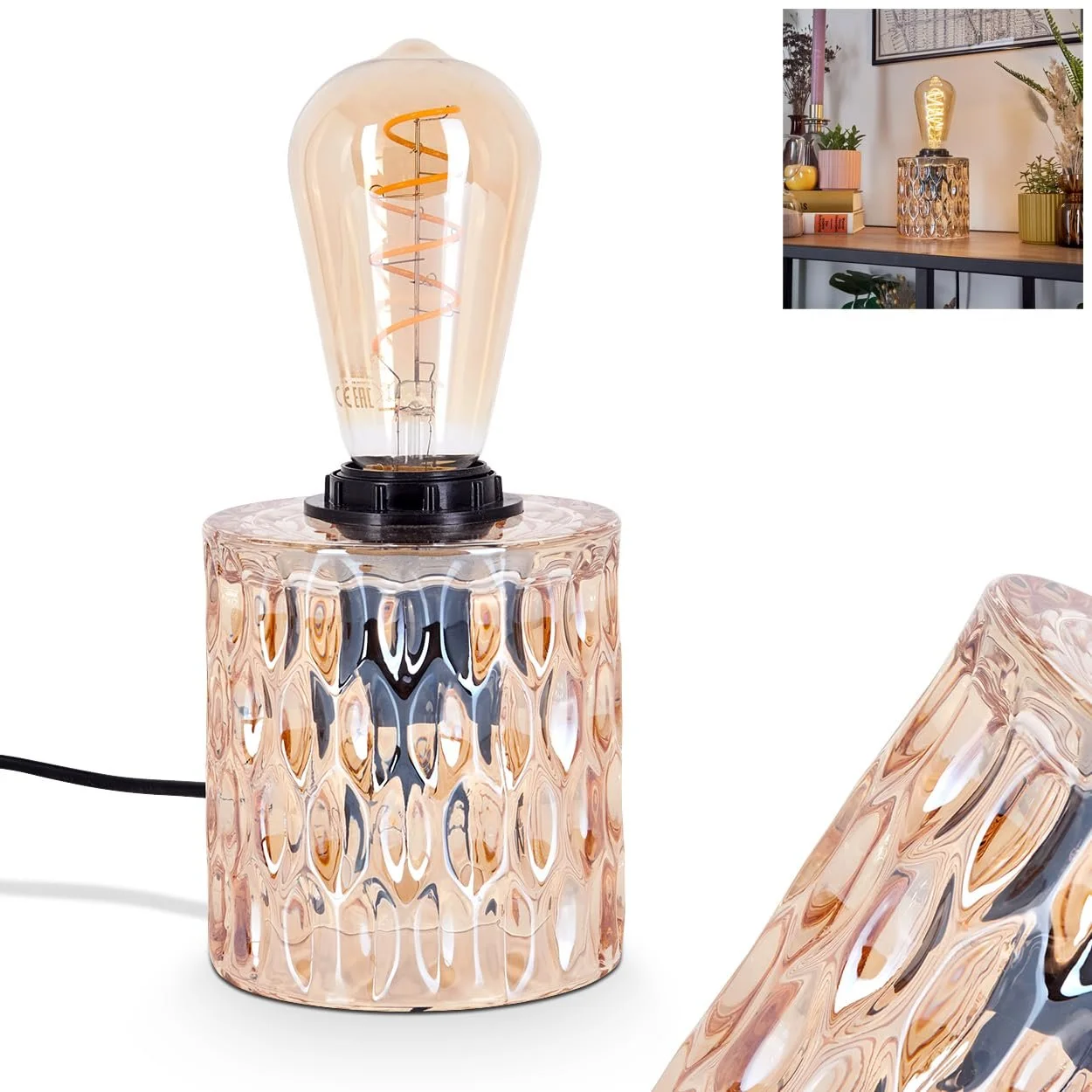 Настільна лампа Sonhim Скло / Метал Скляний плафон 11 см 1 x E27 Янтарний / Чорний, фото №1