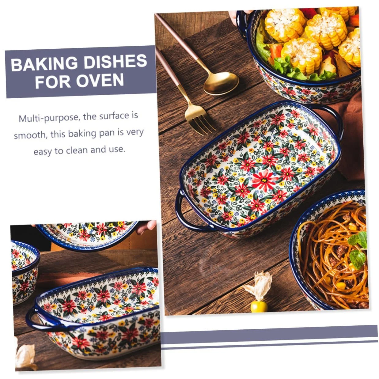 Форма для запікання керамічна прямокутна з квітковим візерунком та ергономічними ручками, фото №3