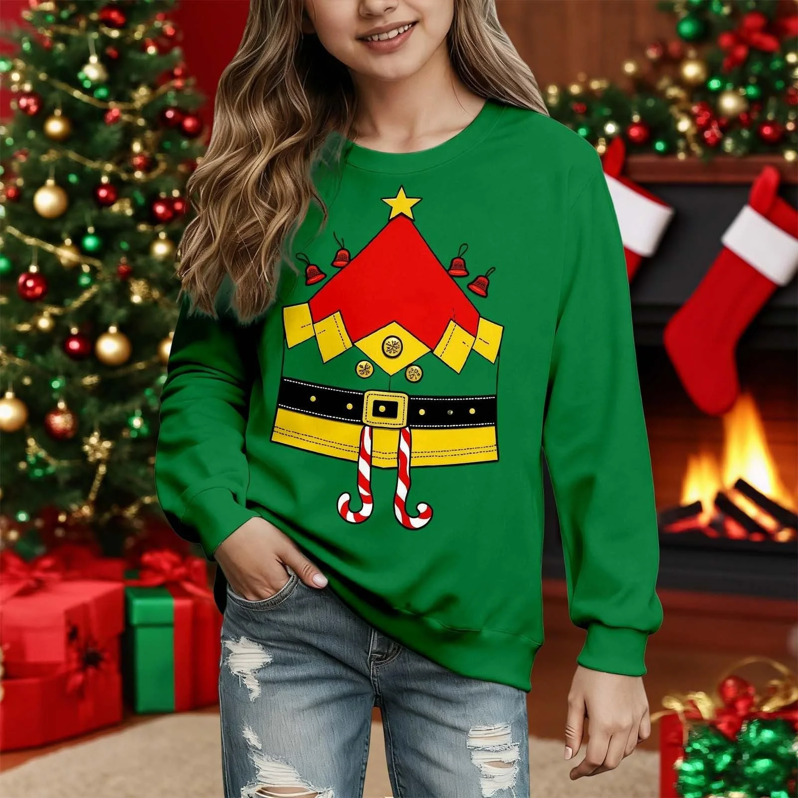 Рождественский джемпер Детский для девочек с мультяшным принтом Рождественский свитшот Модный Повседневный Круглый вырез Длинный рукав Удобный Рождественский джемпер Смешная Рождественская одежда для тематических вечеринок, фото №2