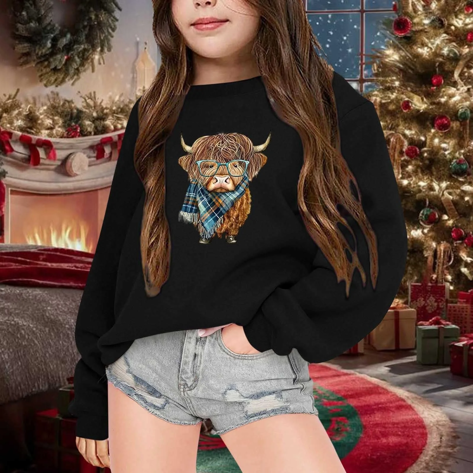 Світшот для дівчинки з капюшоном, різдвяний, з графічним принтом літер, з довгими рукавами, повсякденний, м'який, фото №3