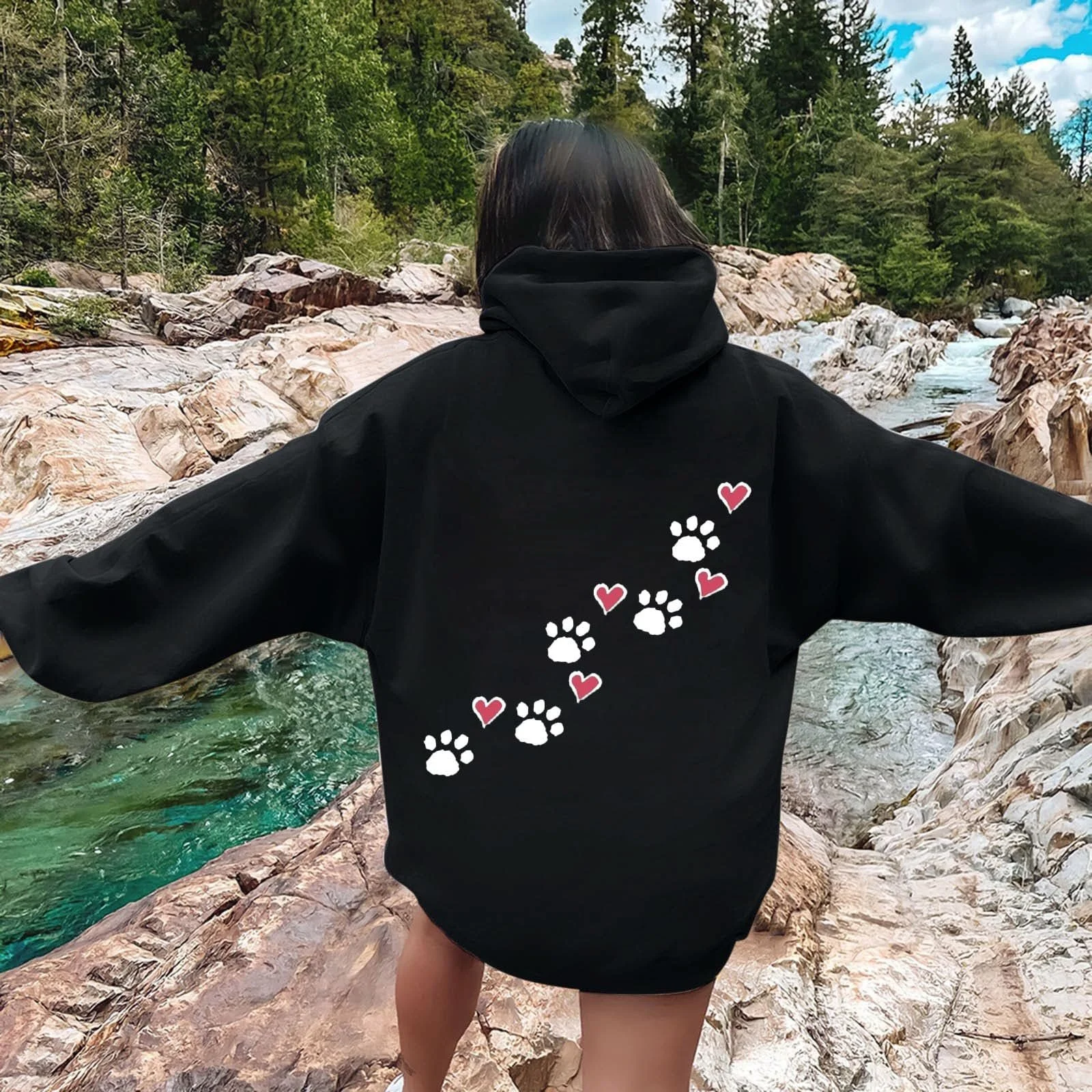 Худи Оверсайз Женское С принтом собачей лапы, с карманами Y2K, в стиле хип-хоп, однотонная толстовка с капюшоном, свободное худи для девушек-подростков в стиле стритвир, фото №3