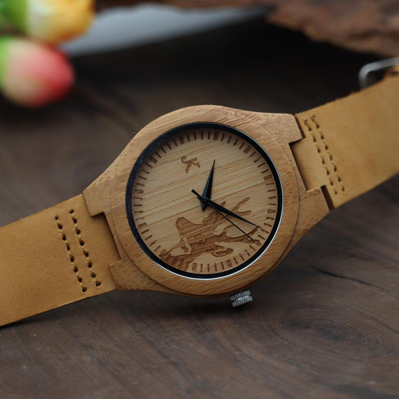 Годинник Kim Johanson Rewild для чоловіків із бамбукового дерева коричневого кольору зі справжнім шкіряним ремінцем ручної роботи кварцовий аналоговий годинник з подарунковою коробкою, фото №3