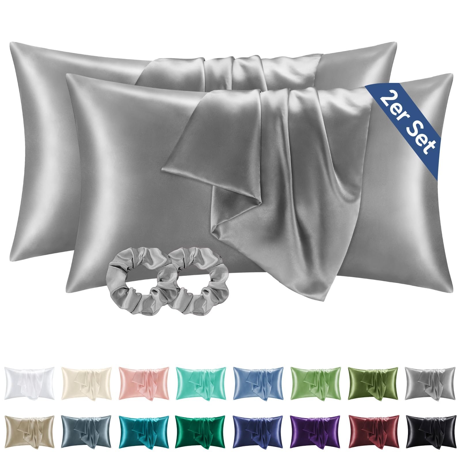 Наволочка BEDELITE Satin, 40 x 80 см, серая, набор 2 шт + 2 резинки для волос, фото №1