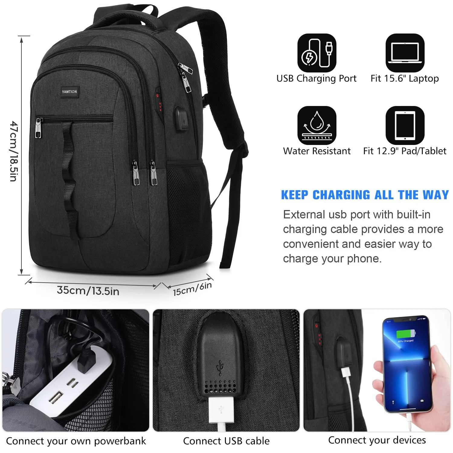 Рюкзак для ноутбука YAMTION унісекс з USB-портом чорний, фото №7 Рюкзак для ноутбука YAMTION унісекс з USB-портом чорний, фото №7