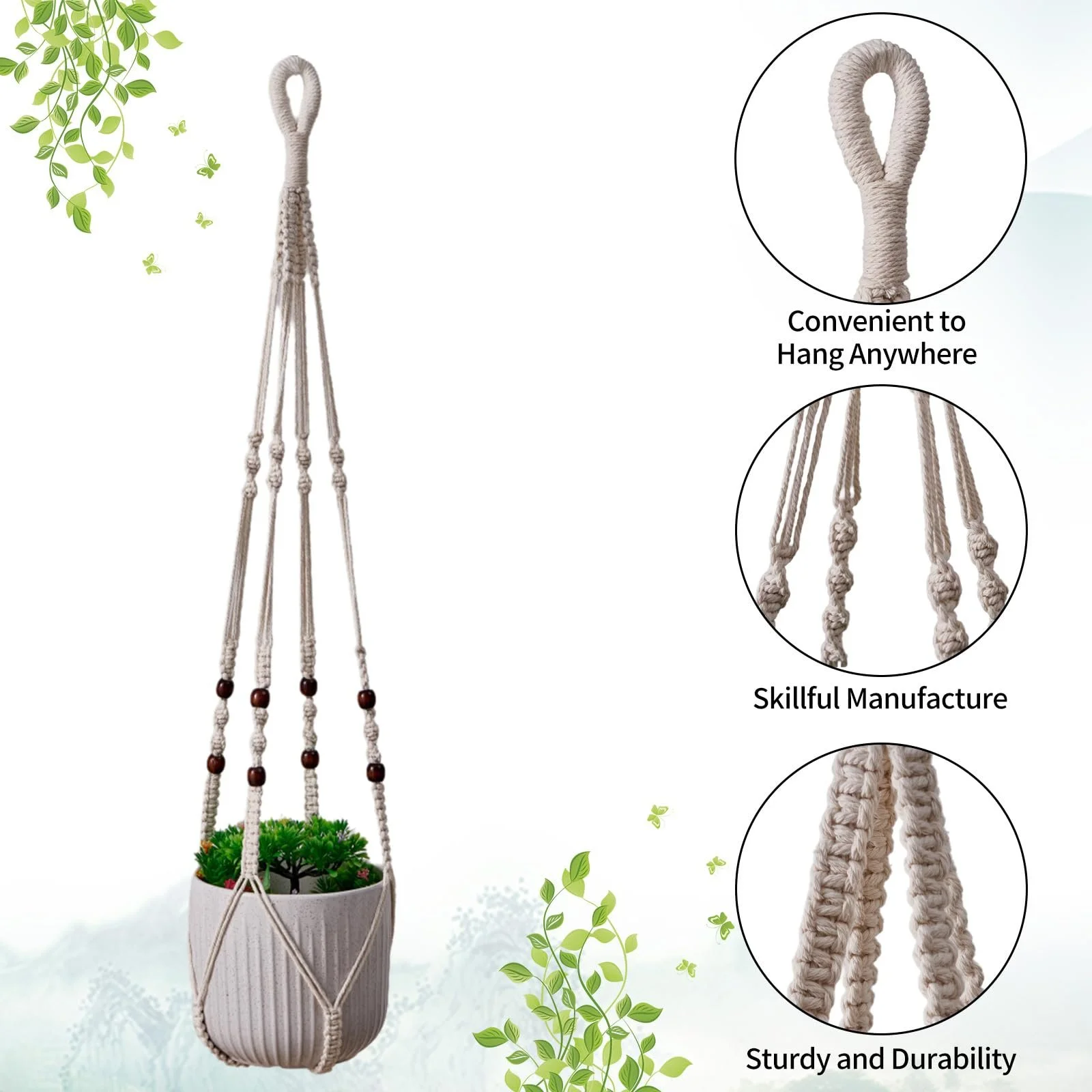 Подвес для растений макраме Набор 3 шт. хлопковый Коричневый, фото №5