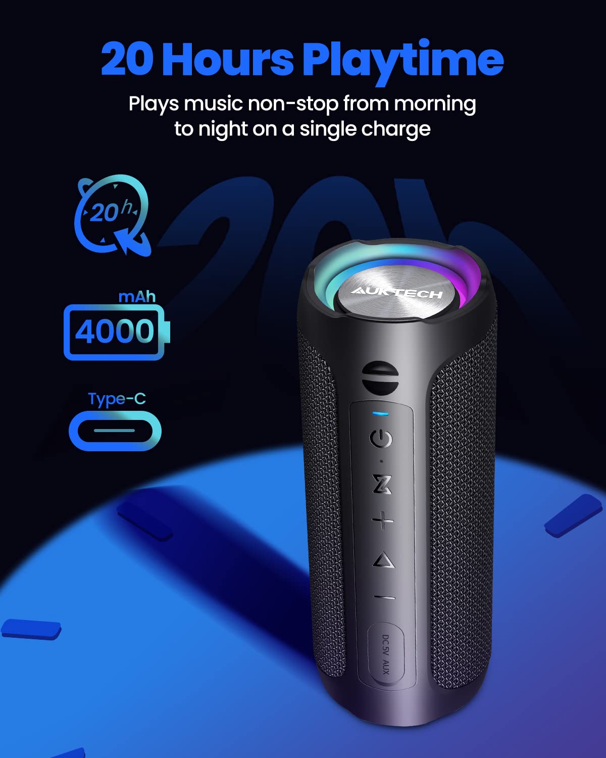 Портативна колонка AUKTECH Bluetooth Music Box 24 Вт LED 20 годин IPX7 для телефону/ПК, фото №6