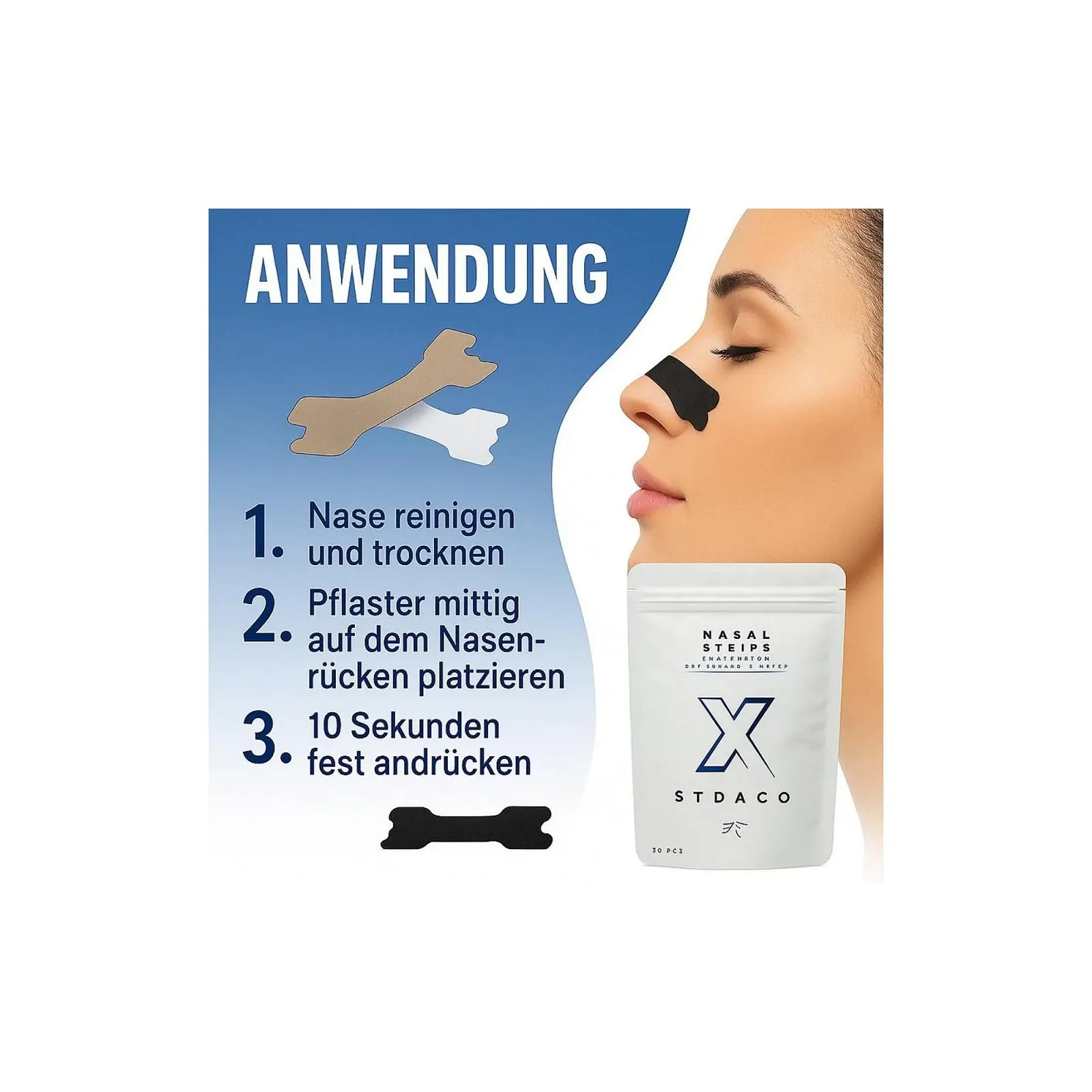 Пластирі для носа від хропіння 30 штук Чорний Надзвичайно міцні смужки для носа для кращого сну, фото №3