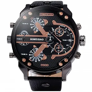 Чоловічий кварцовий годинник у військовому стилі з великим циферблатом, два часові пояси, шкіряний ремінець synthetic.ua - Фото 1