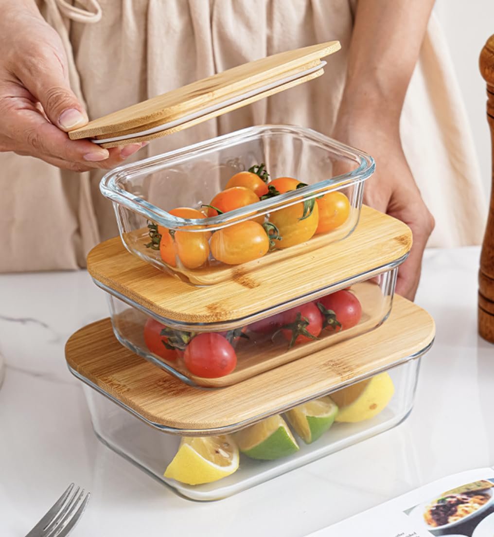 Контейнери для зберігання їжі Meal Prep скляні з бамбуковою кришкою герметичні набір 3 шт., фото №6 Контейнери для зберігання їжі Meal Prep скляні з бамбуковою кришкою герметичні набір 3 шт., фото №6