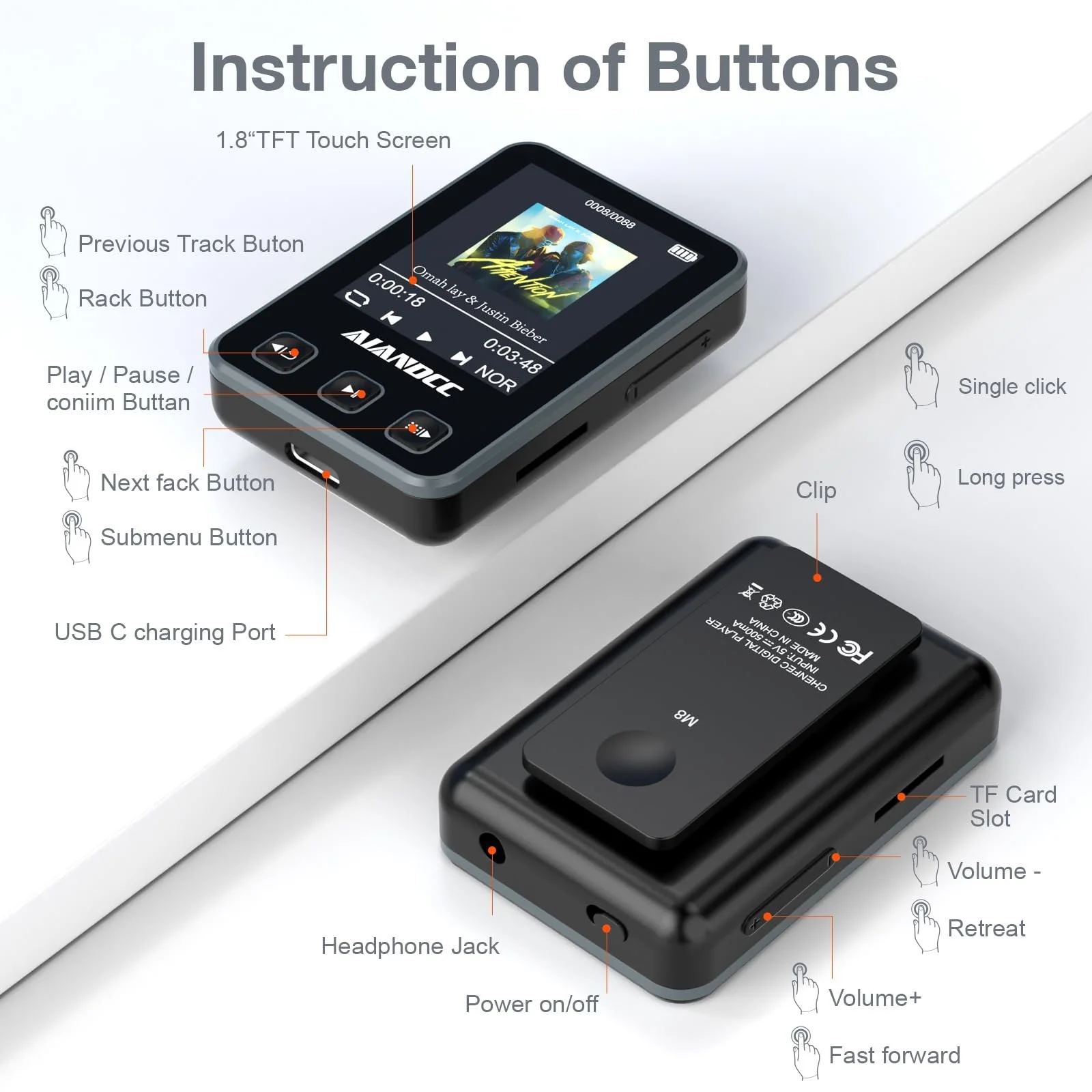 MP3 плеер Bluetooth 5.3 со спортивным зажимом и ремешком, 1.77-дюймовый TFT цветной экран, с наушниками, поддержка SD-карты до 128GB, Черный, фото №6