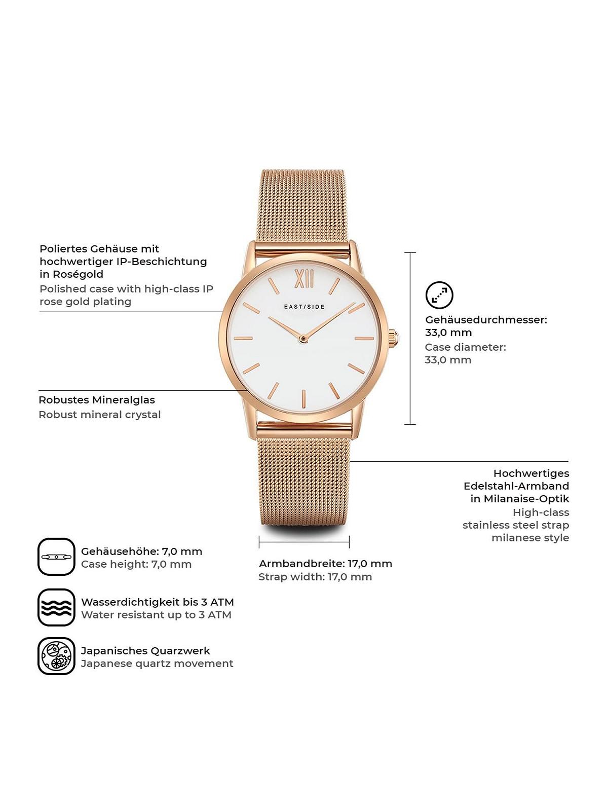 Женские часы Eastside 10080027, аналоговые, японский кварцевый механизм, браслет из нержавеющей стали, розовое золото, 3 ATM, без мотива, фото №6