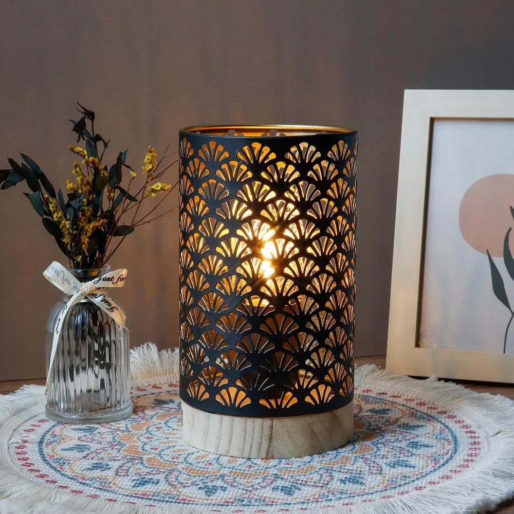 Настільна лампа JHY DESIGN акумуляторна з таймером на 6 годин бездротова 19 см з дерев'яною основою віялоподібний візерунок, фото №6