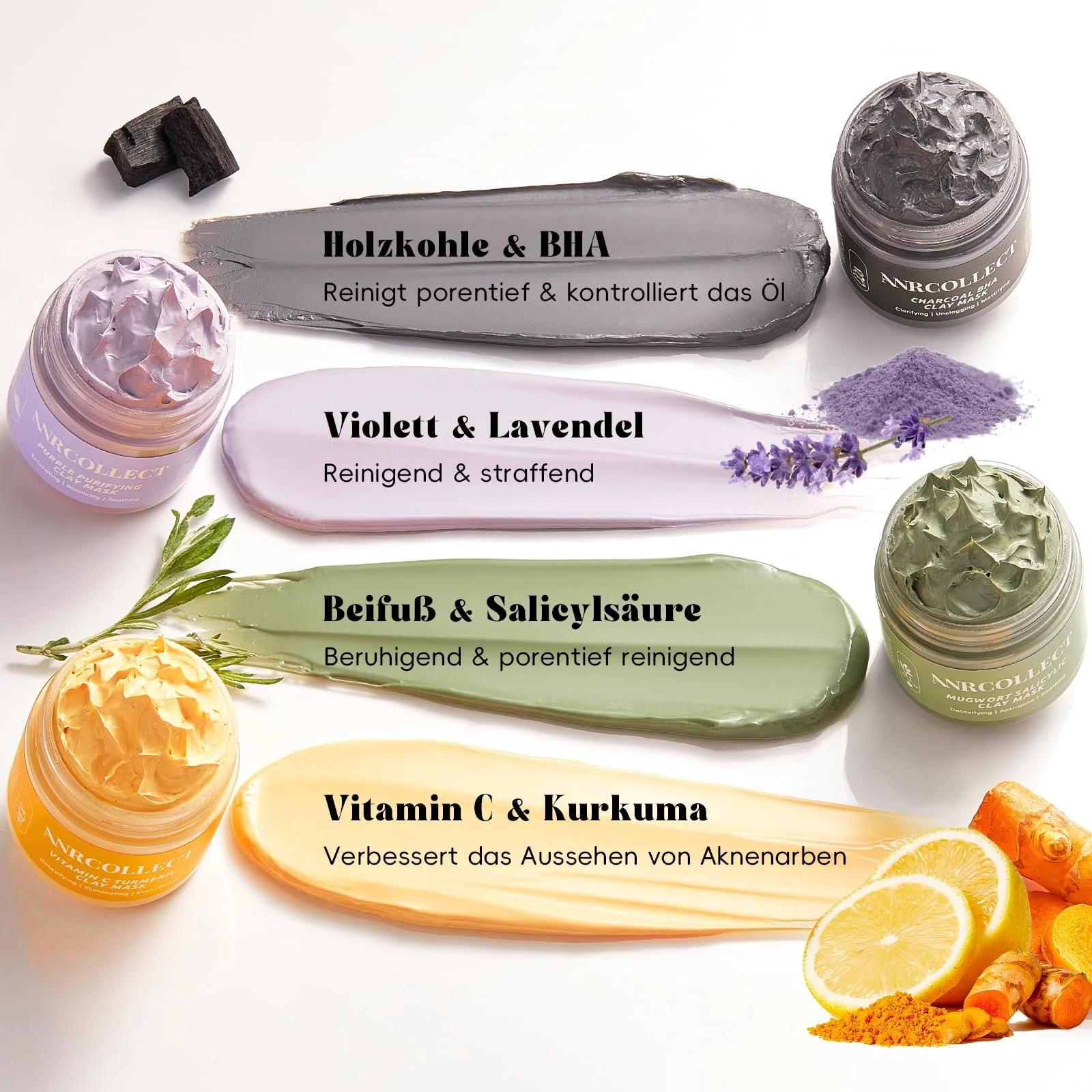 Набор глиняных масок для лица ANRCOLLECT 4 шт. - Набор по уходу за кожей с витамином C + активированный уголь + полынь + маска с фиолетовой глиной | Сужение пор и глубокое очищение (подарочная упаковка), фото №3