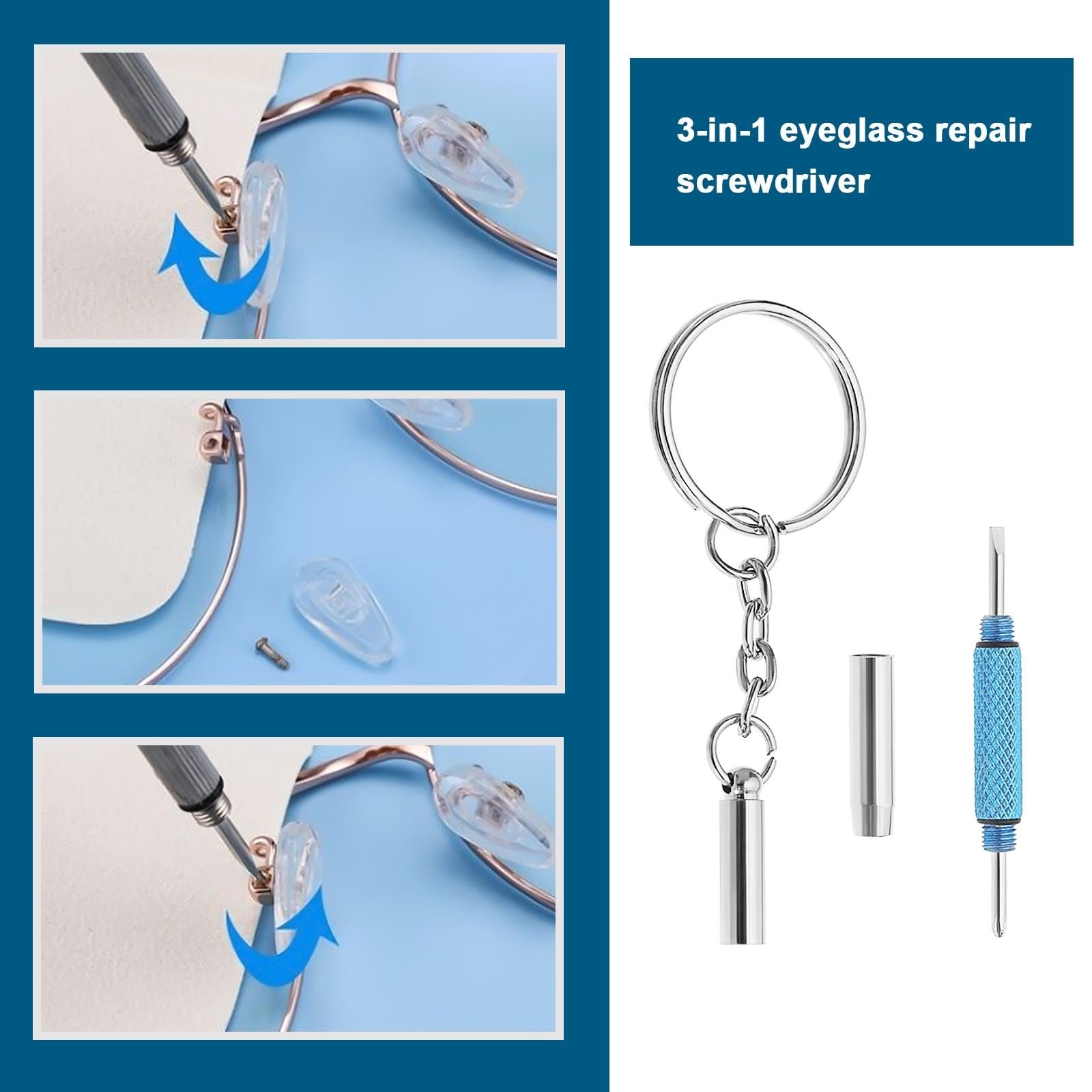 Набір Victoria Pack of 10 Mini Glasses Screwdriver 3-в-1 Комплект для ремонту окулярів Кільце з ключем Міні інструмент Сріблястий Синій, фото №3 Набір Victoria Pack of 10 Mini Glasses Screwdriver 3-в-1 Комплект для ремонту окулярів Кільце з ключем Міні інструмент Сріблястий Синій, фото №3