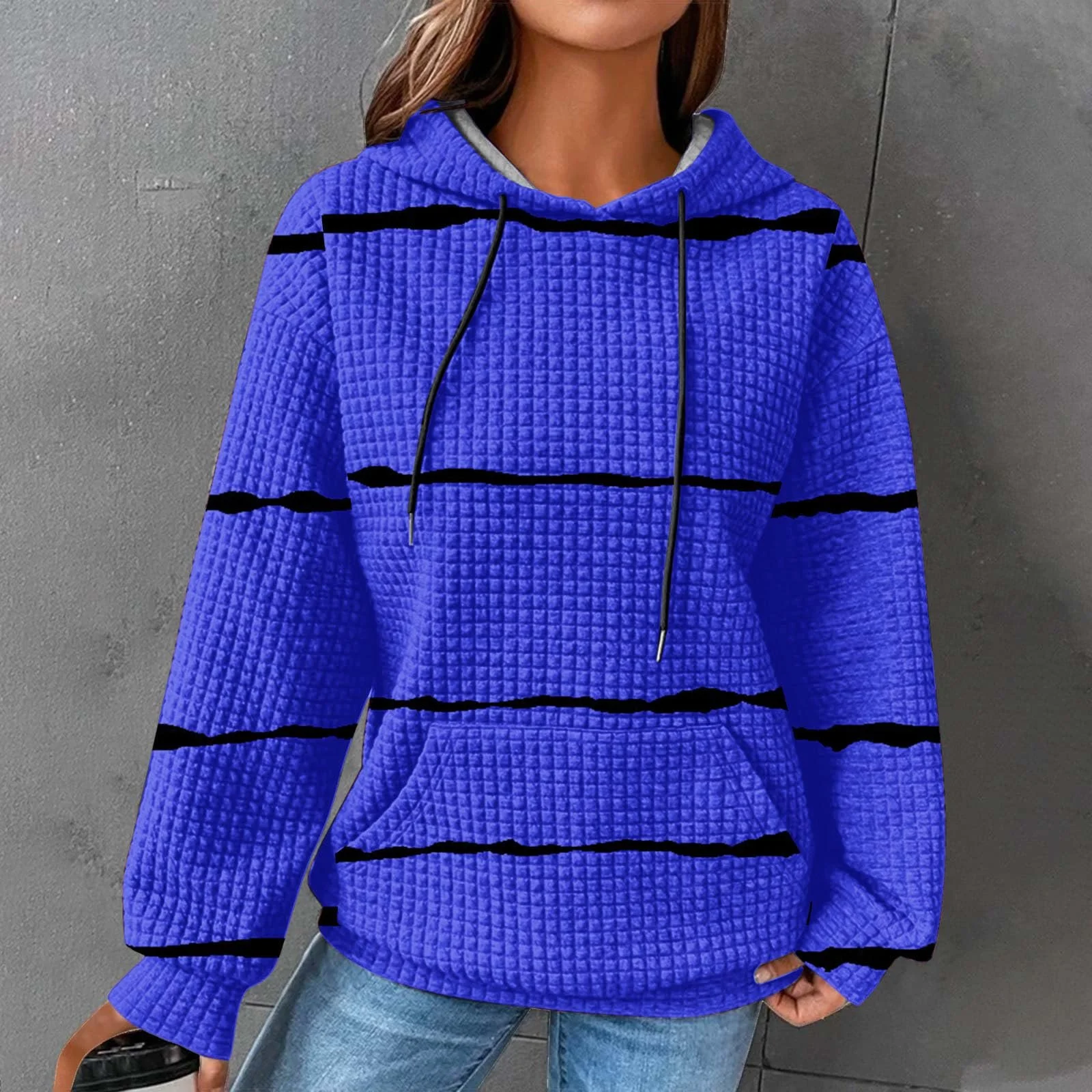 Женская Толстовка с капюшоном в полоску Вафельный Цветной блок Зимняя с длинными рукавами Модный Пуловер Легкая Большие Размеры Свободные Топы Карман Шнурок Капюшон, фото №3