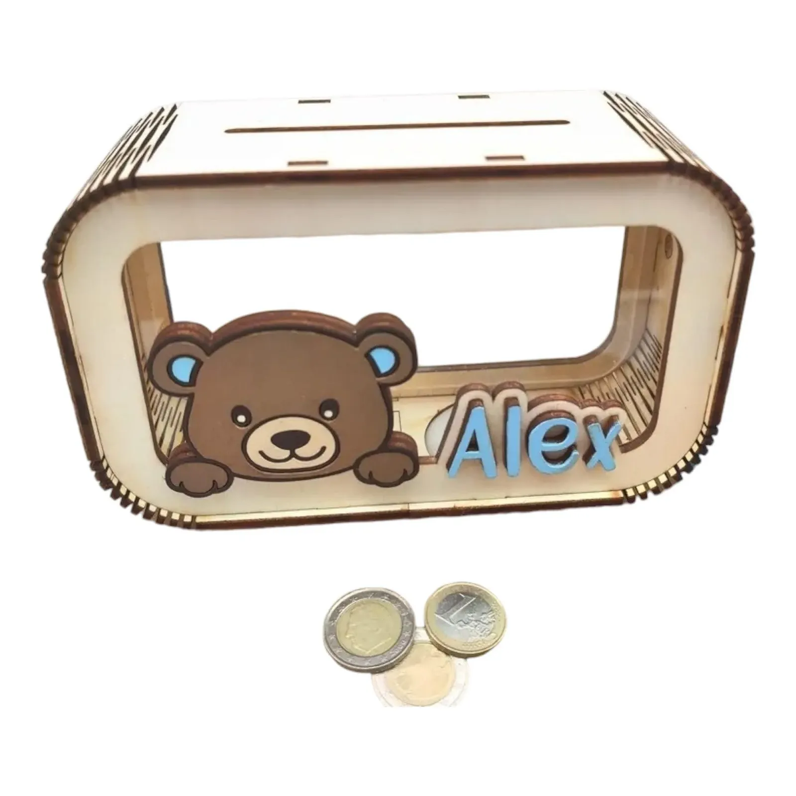 Скарбничка Ведмідь персоналізована з ім'ям Дерев'яна дизайн Тедді ручна робота, фото №1