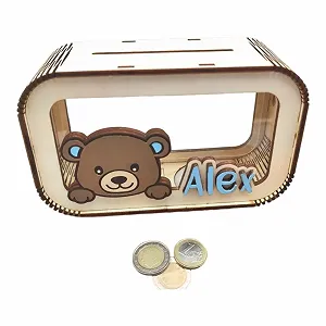 Скарбничка Ведмідь персоналізована з ім'ям Дерев'яна дизайн Тедді ручна робота - Фото 1