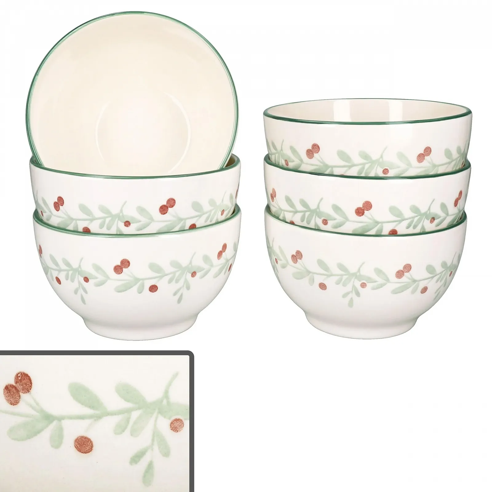 Миска MamboCat Holly 14.3 см, 550 мл, набор 6 штук, керамика, с украшением омелы, фото №2