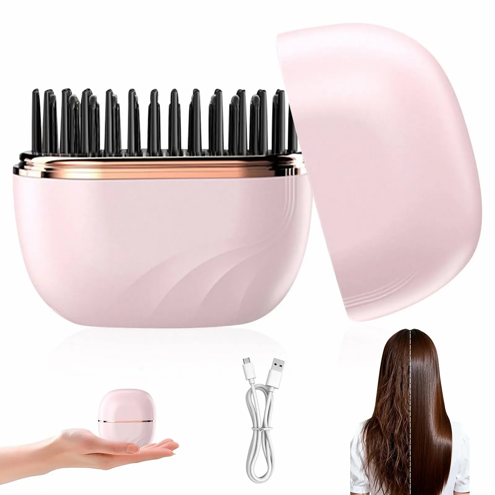 Міні-щітка-випрямляч бездротова акумуляторна з 3 рівнями температури для волосся та бороди Рожева, фото №1 Міні-щітка-випрямляч бездротова акумуляторна з 3 рівнями температури для волосся та бороди Рожева, фото №1
