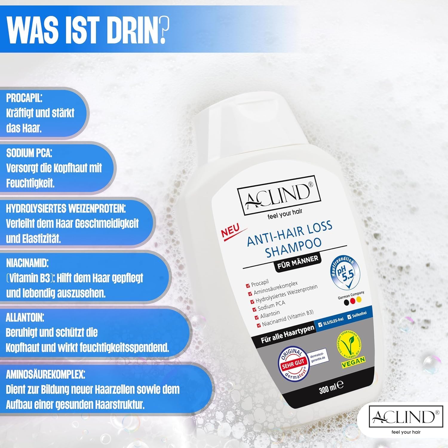 Шампунь ACLIND Проти випадіння волосся Органічні інгредієнти 300 мл, фото №3 Шампунь ACLIND Проти випадіння волосся Органічні інгредієнти 300 мл, фото №3