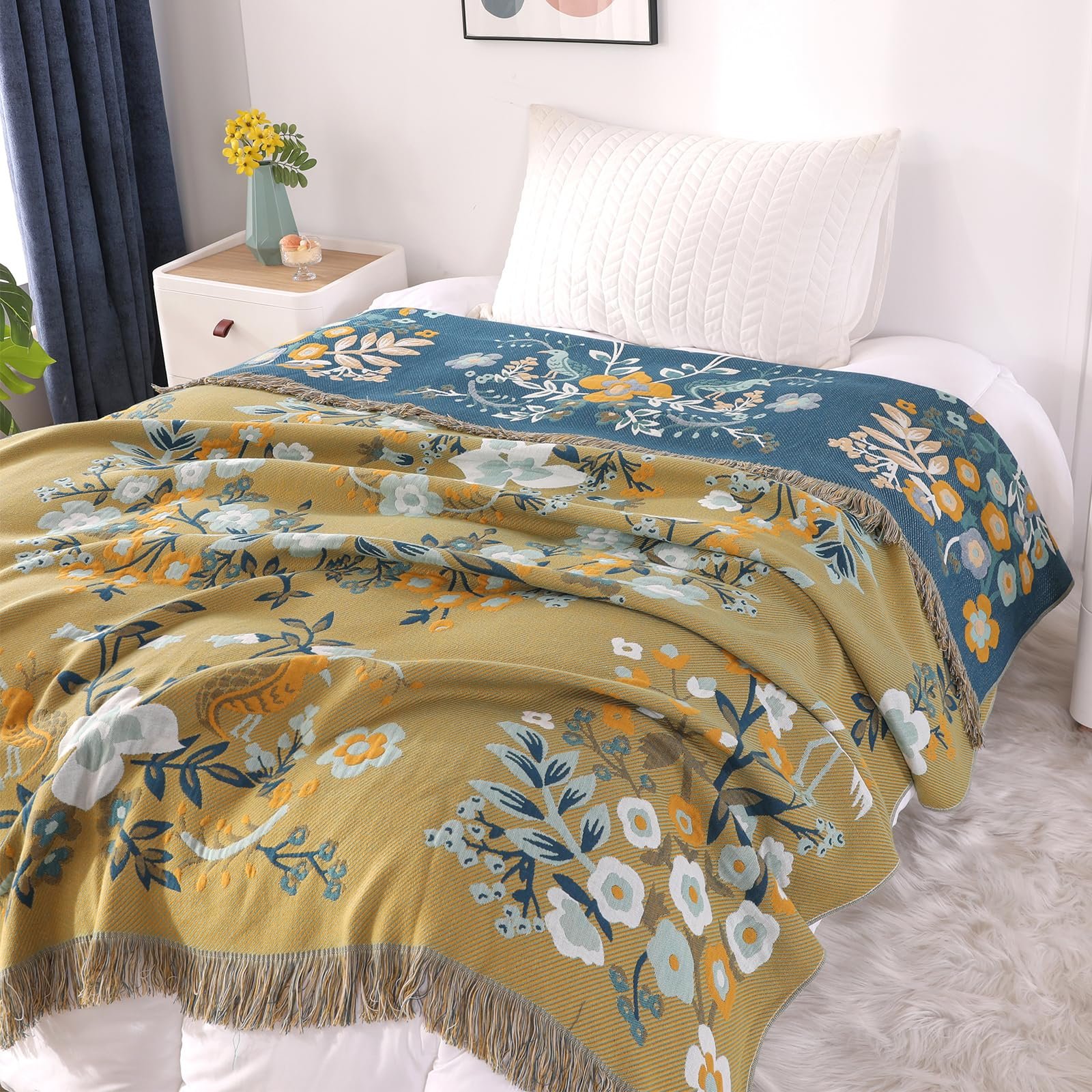 Покривало двостороннє DECMAY Велике Богемне покривало для дивану з китицями 100% бавовна Оливково-зелений 150x200см, фото №2 Покривало двостороннє DECMAY Велике Богемне покривало для дивану з китицями 100% бавовна Оливково-зелений 150x200см, фото №2