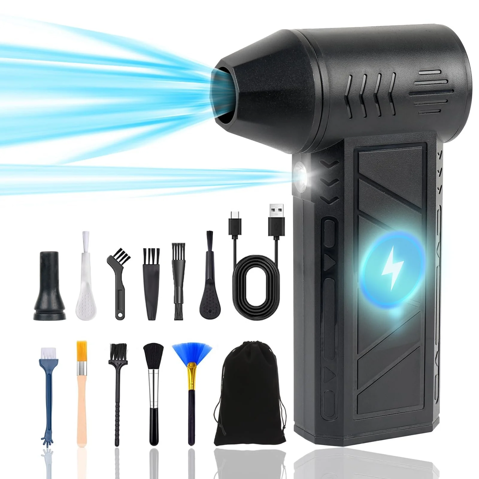 Електрична повітродувка для видалення пилу 4 швидкості 130000 RPM з ліхтариком та щіткою USB Quick Charge, фото №1 Електрична повітродувка для видалення пилу 4 швидкості 130000 RPM з ліхтариком та щіткою USB Quick Charge, фото №1