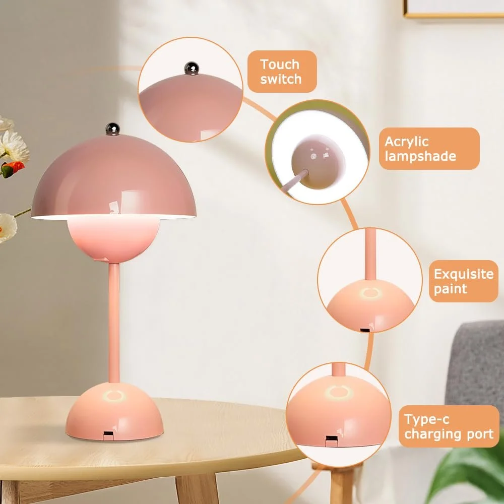 Настільна лампа Flowerpot Mushroom акумуляторна сенсорна USB Рожева, фото №3