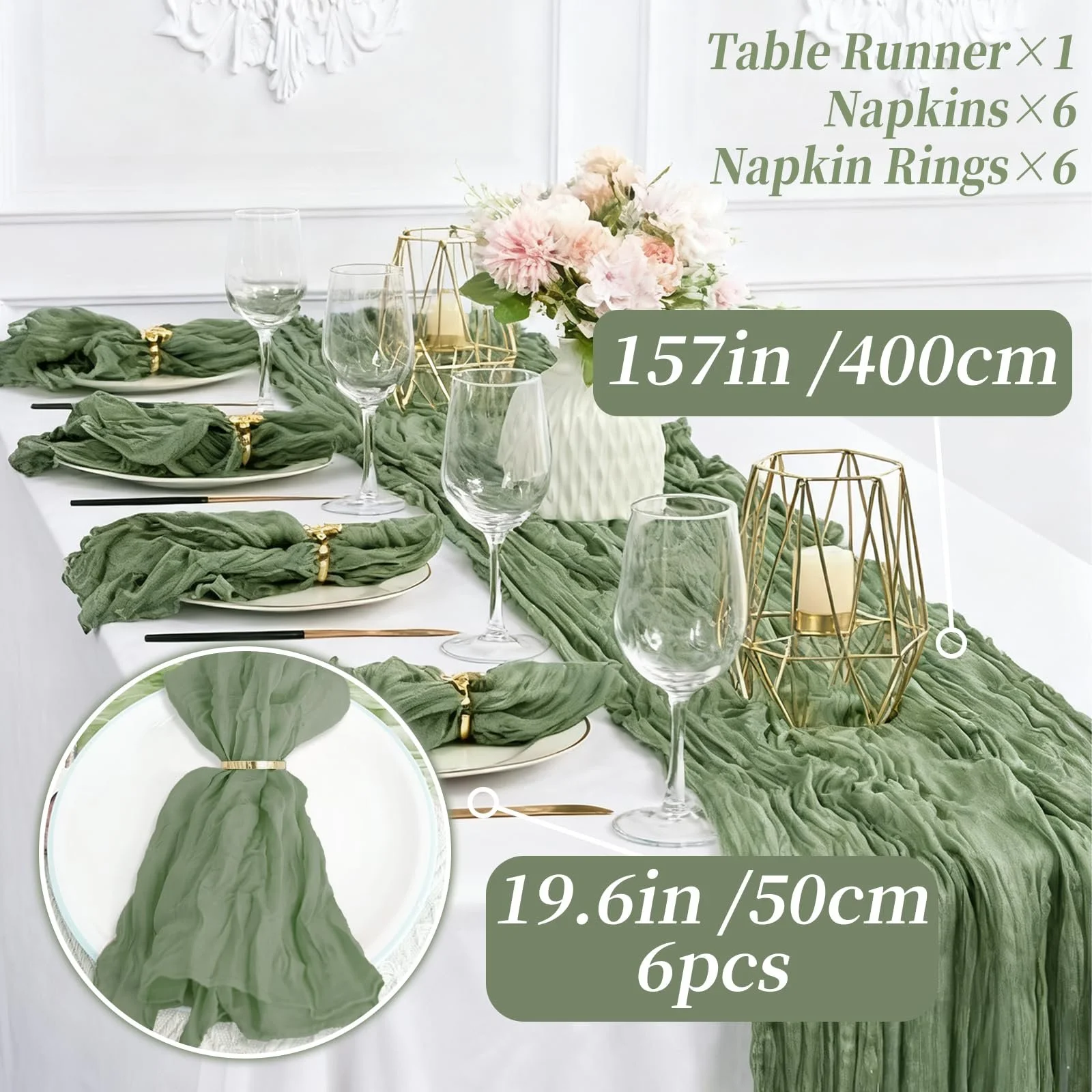 Ранер Muslin Boho Chiffon 400 см x 90 см Sage Green із серветками 6 шт., фото №2 Ранер Muslin Boho Chiffon 400 см x 90 см Sage Green із серветками 6 шт., фото №2