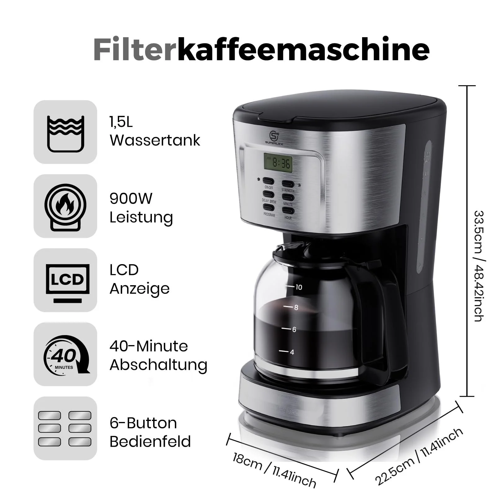 Кофеварка капельная 1.5 л 900 W стеклянный кувшин таймер автоматическое отключение, фото №3