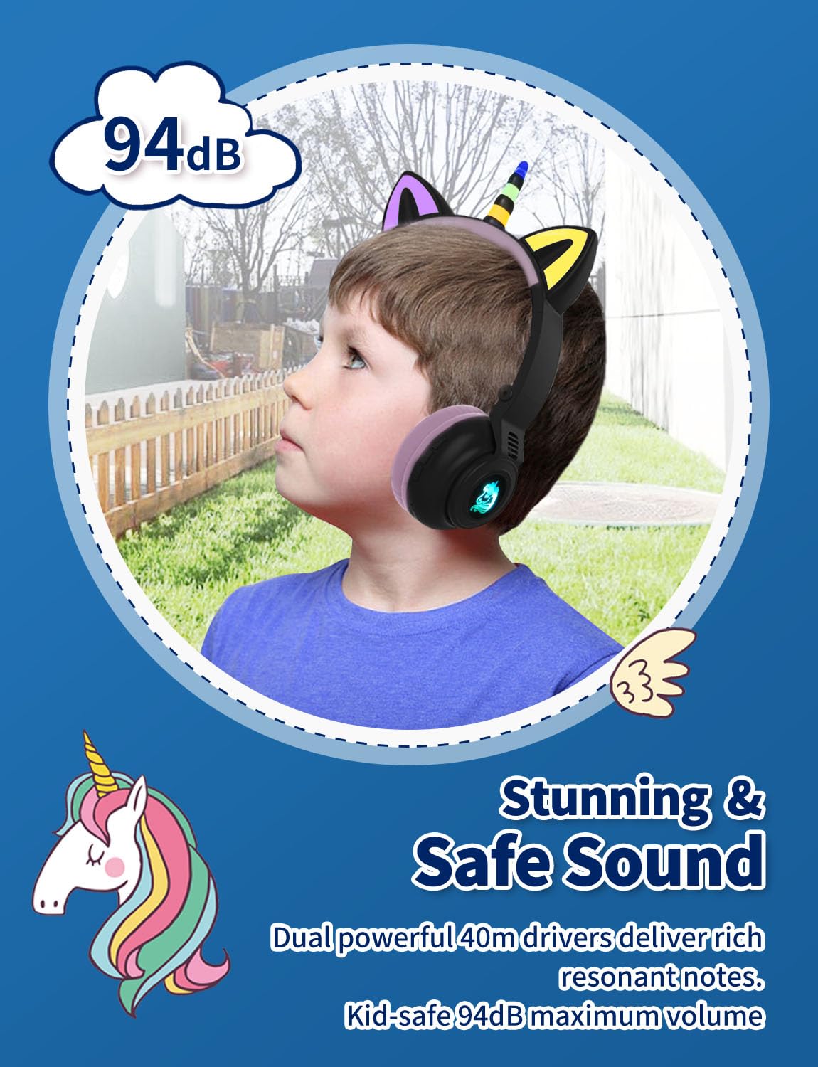 Навушники Bluetooth YUSONIC Unicorn для дівчаток хлопчиків з LED підсвіткою чорні, фото №6