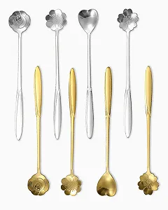 Кофейная и Мокко Ложка, Набор из 8 Ложек для Смешивания, Кофейная Ложка из Нержавеющей Стали, Креативная Посуда, Ложка для Сахара, Ложка для Мороженого (4 Серебряные, 4 Золотые) - Фото 1