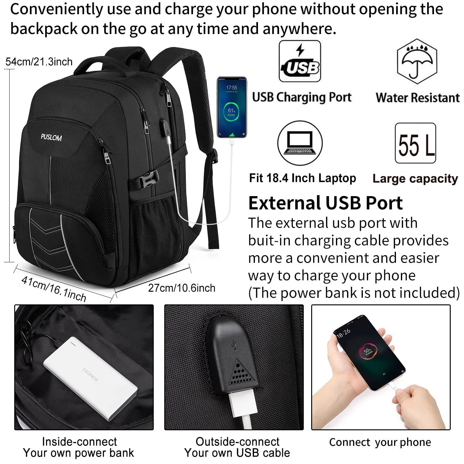 Рюкзак 55L Waterproof 18.4 Inch USB Charging Port Anti Theft Black, фото №2 Рюкзак 55L Waterproof 18.4 Inch USB Charging Port Anti Theft Black, фото №2