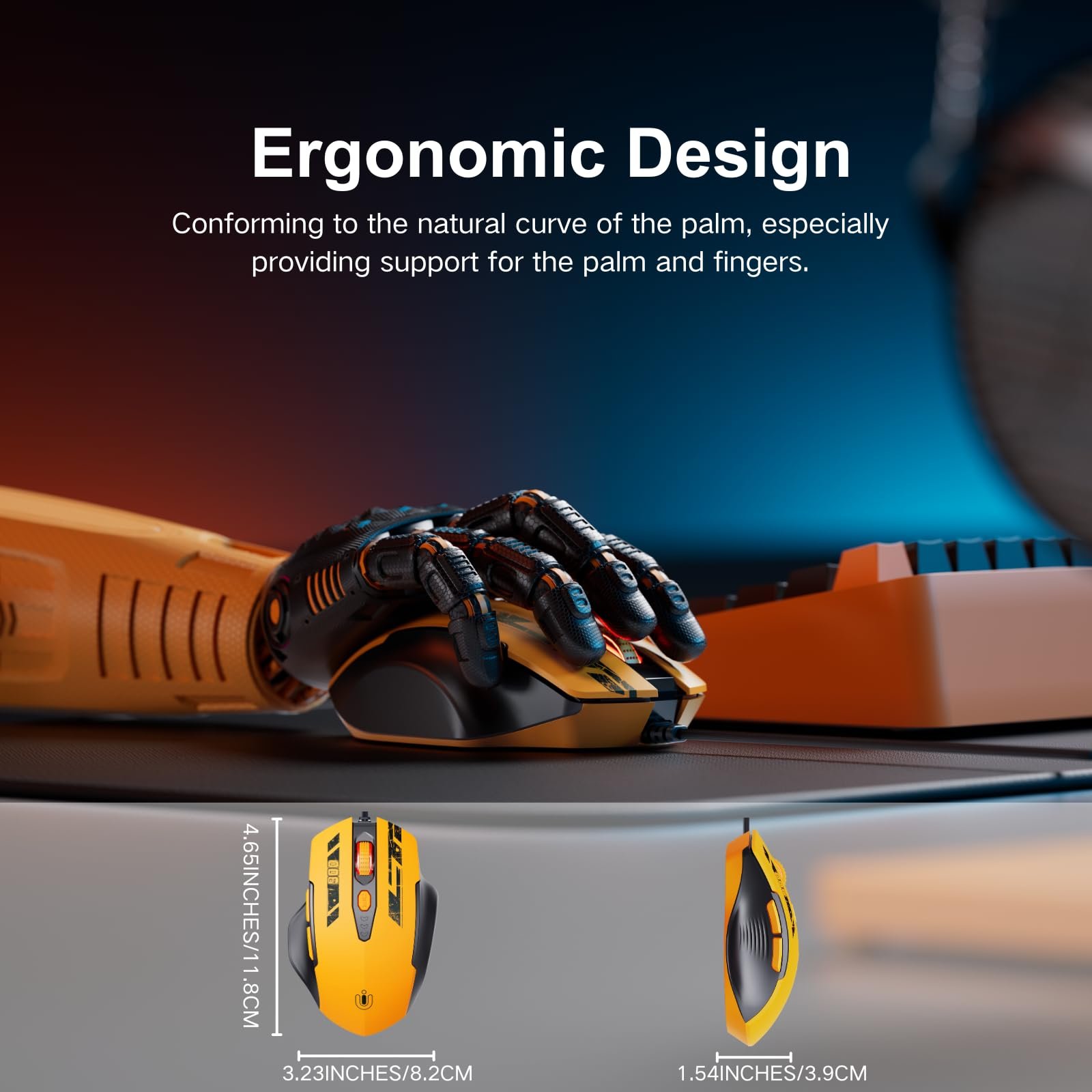 Миша Uineer дротова, ергономічний дизайн, до 7200 DPI регульована, 6 кнопок, комп'ютерна, PC, для ноутбука, комп'ютера, Plug & Play, матова жовта, фото №3