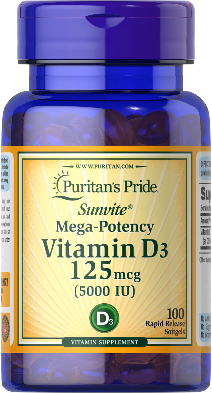 Витамин D3 Puritan's Pride Vitamin 5000iu 100 Softgels, фото №1