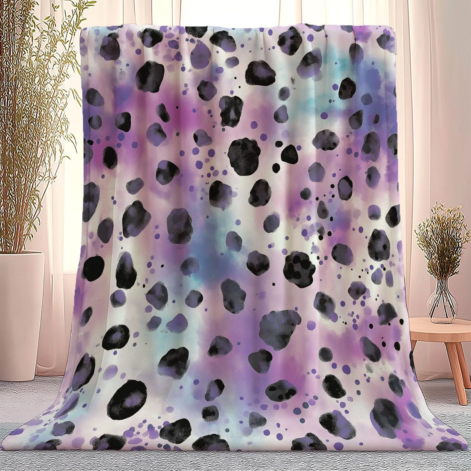 Плед Фланелевый Шерпа Флис 3D Лиловый 130 x 150 см Мягкий Микрофибра Теплый Гостиная Акварельный Узор Звездный Леопард, фото №3