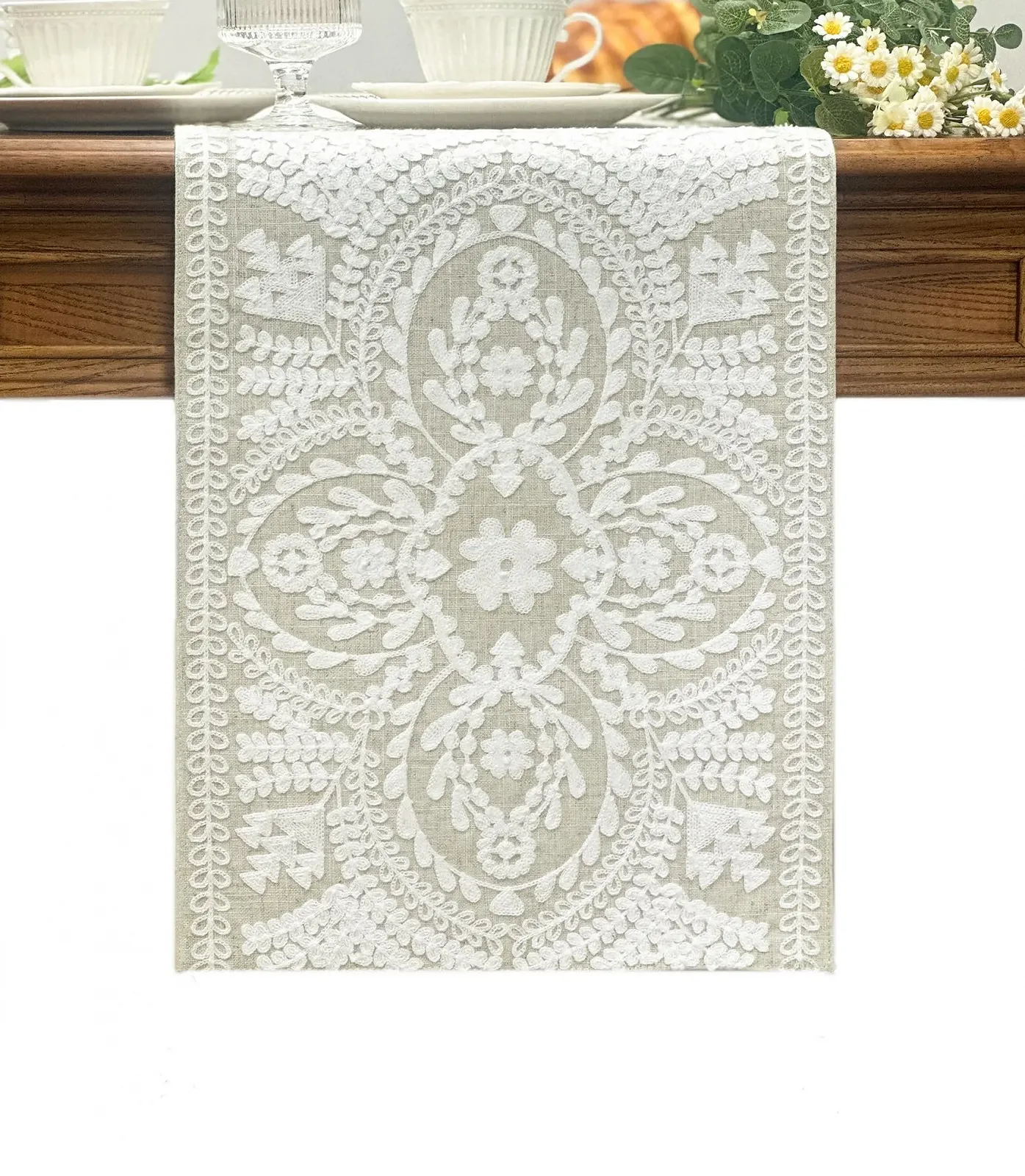 Ранер на стіл KEVA Boho Farmhouse Linen Rustic Vintage Embroidered Білий 13 x 72 дюйми, фото №1 Ранер на стіл KEVA Boho Farmhouse Linen Rustic Vintage Embroidered Білий 13 x 72 дюйми, фото №1