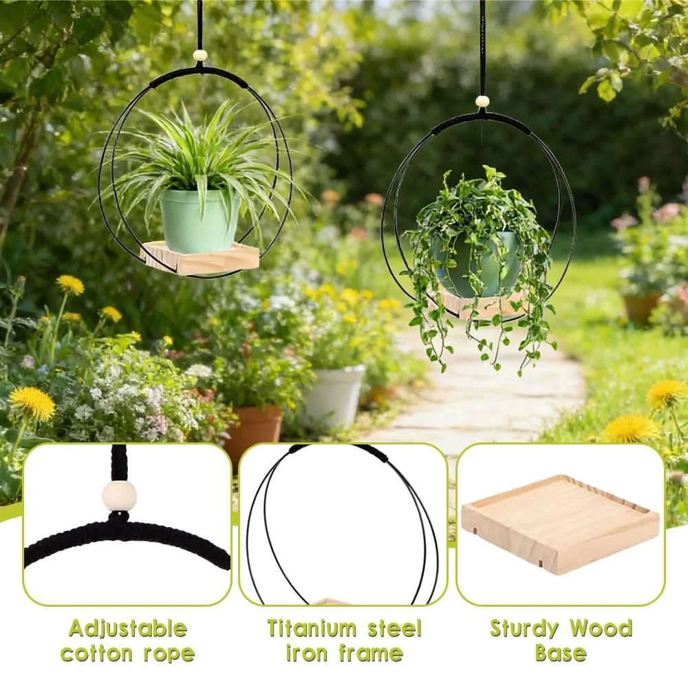 Підвісні кошики 2 шт. сучасні в стилі бохо з дерев'яною основою та металевим кільцем, фото №4 Підвісні кошики 2 шт. сучасні в стилі бохо з дерев'яною основою та металевим кільцем, фото №4