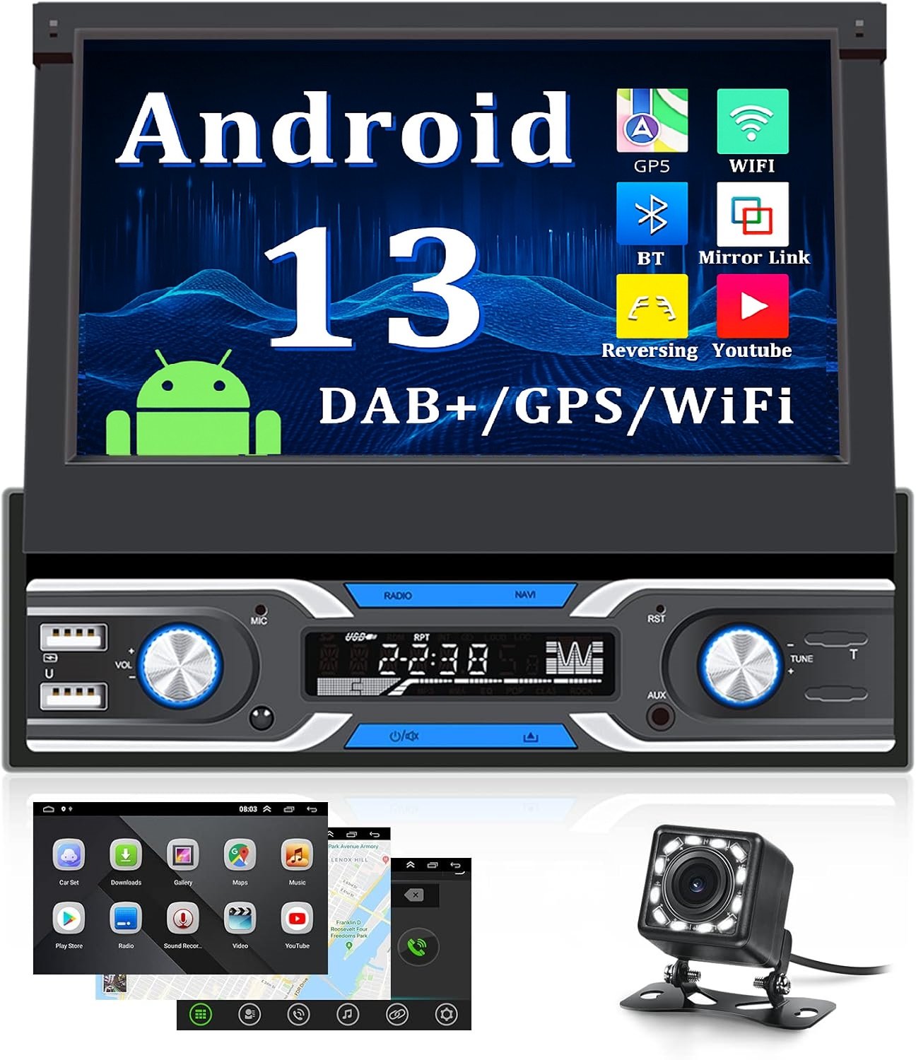 Автомагнітола CAMECHO 9703 / 7" / Сенсорна / 1/32Гб / Android 13 / Bluetooth / WI-FI / GPS / USB / AUX / DAB+ / 1DIN, фото №1