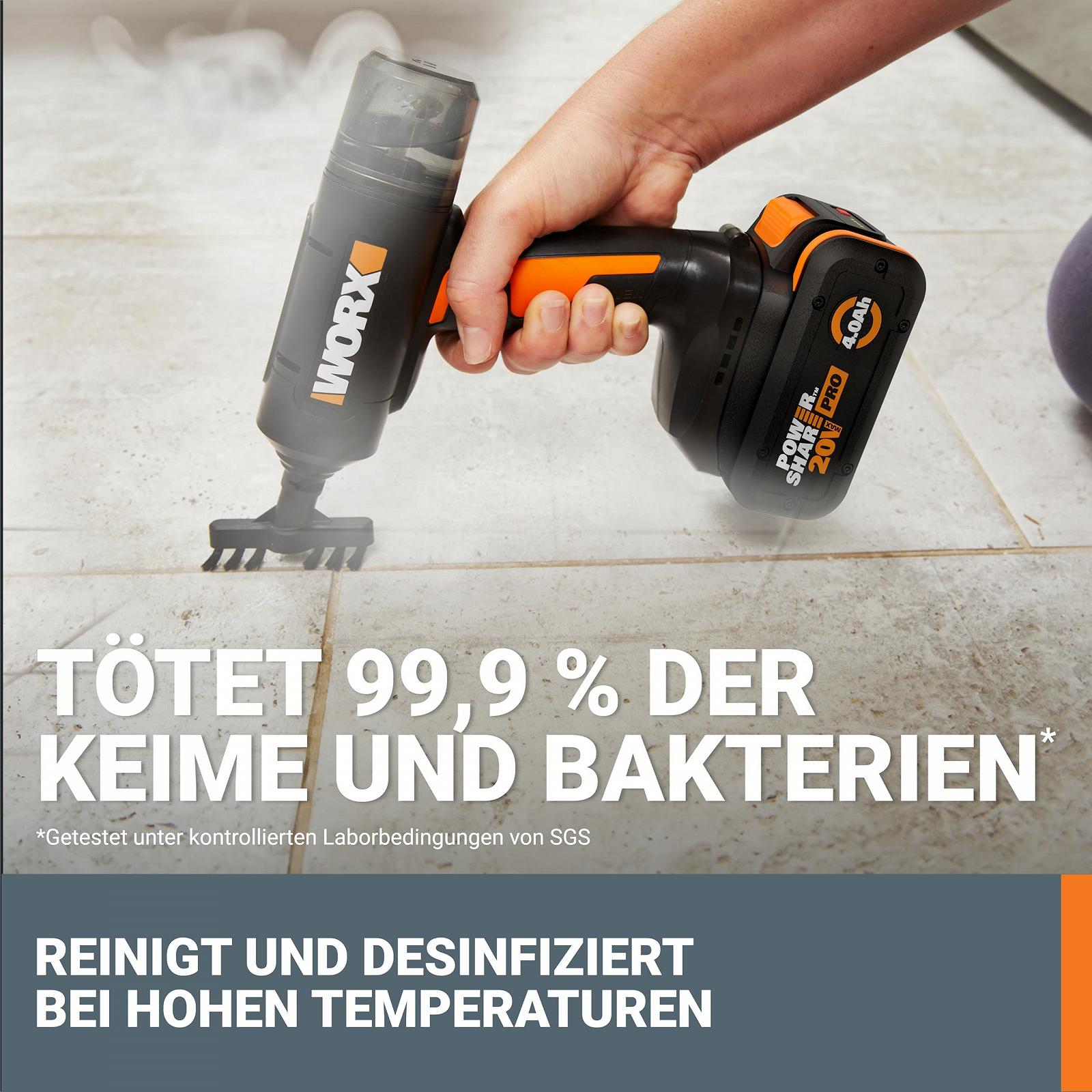 Ручной пароочиститель WORX 18V (20V MAX) WX770.9 беспроводной для 104°C, убивает микробы, предварительный нагрев 8 секунд, легкий и портативный пароочиститель для дома и автомобиля, без аккумулятора и зарядного устройства, фото №3