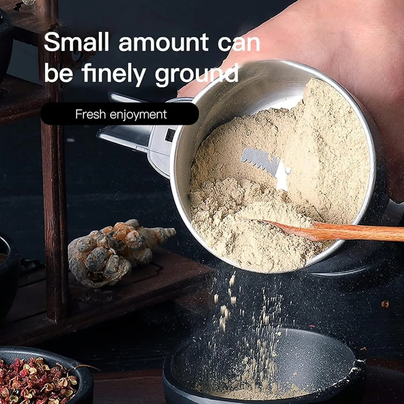 Электрический измельчитель специй 400 Вт, компактный измельчитель специй с емкостью 200 г, корпус из нержавеющей стали для кухни, 6-секундное высокоскоростное измельчение, фото №5