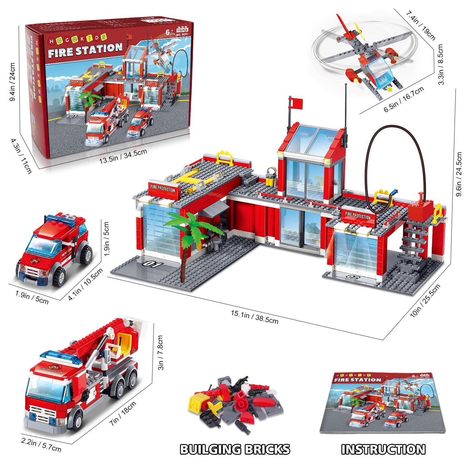 Іграшка HOGOKIDS City Fire Station Набір будівельних цеглинок — 775 деталей Гелікоптер для пожежної рятувальної служби Швидка Допомога Пожежна Машина Набір будівельних цеглинок Подарунок для дітей хлопчиків та дівчаток віком від 6 років, фото №9