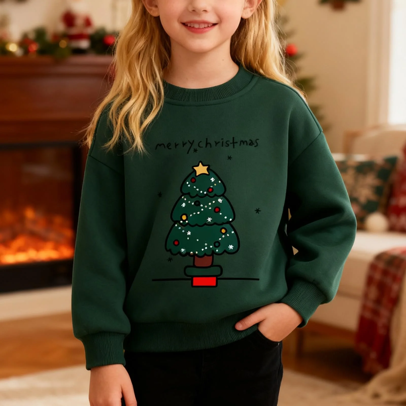 Худи для девочки с принтом, длинными рукавами и круглым вырезом, повседневный мягкий флисовый свитшот, фото №3