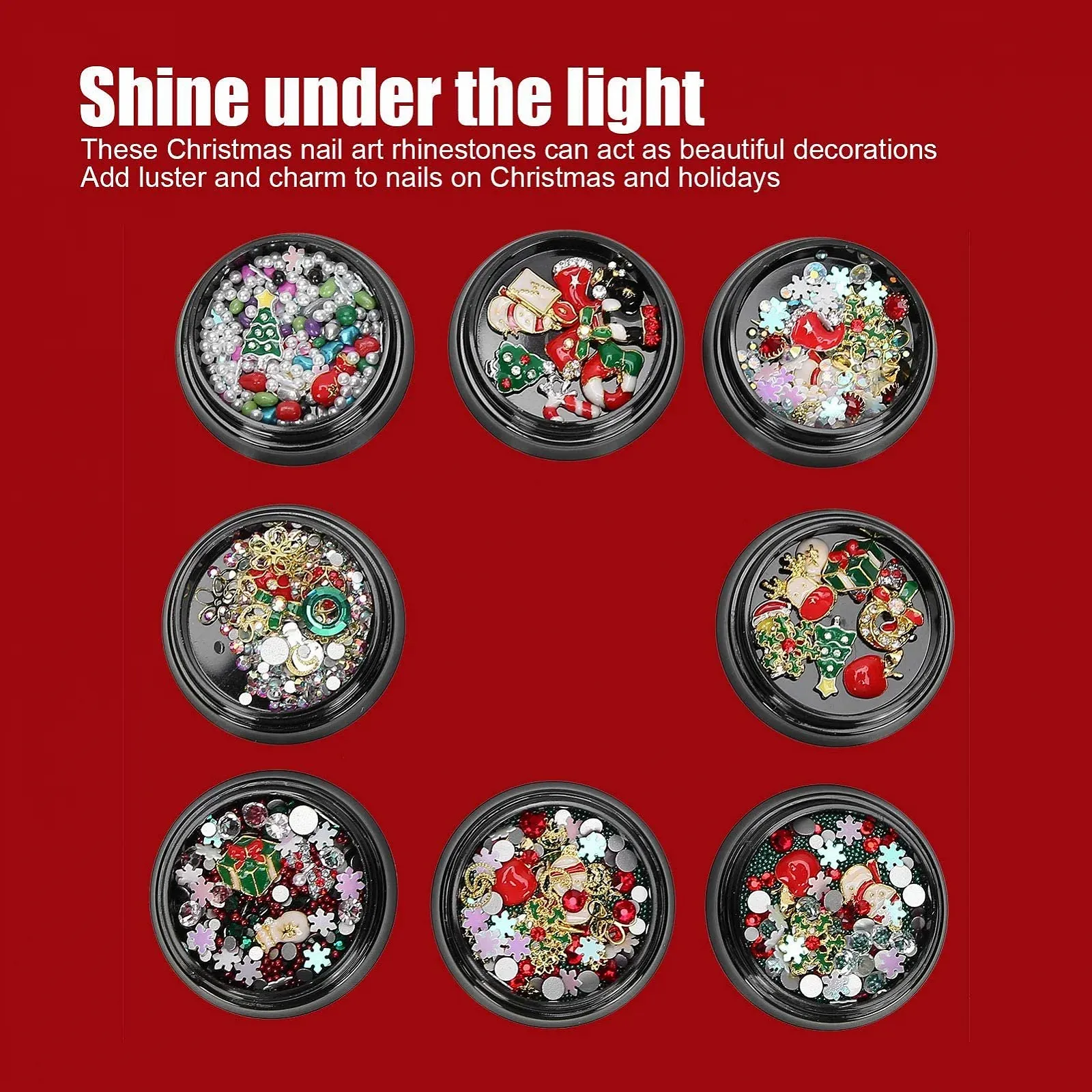Стразы для ногтей Рождественские 8 коробок, Рождественские украшения для ногтей, Металлические пуговицы для ногтей, Рождественский декор для ногтей, фото №3