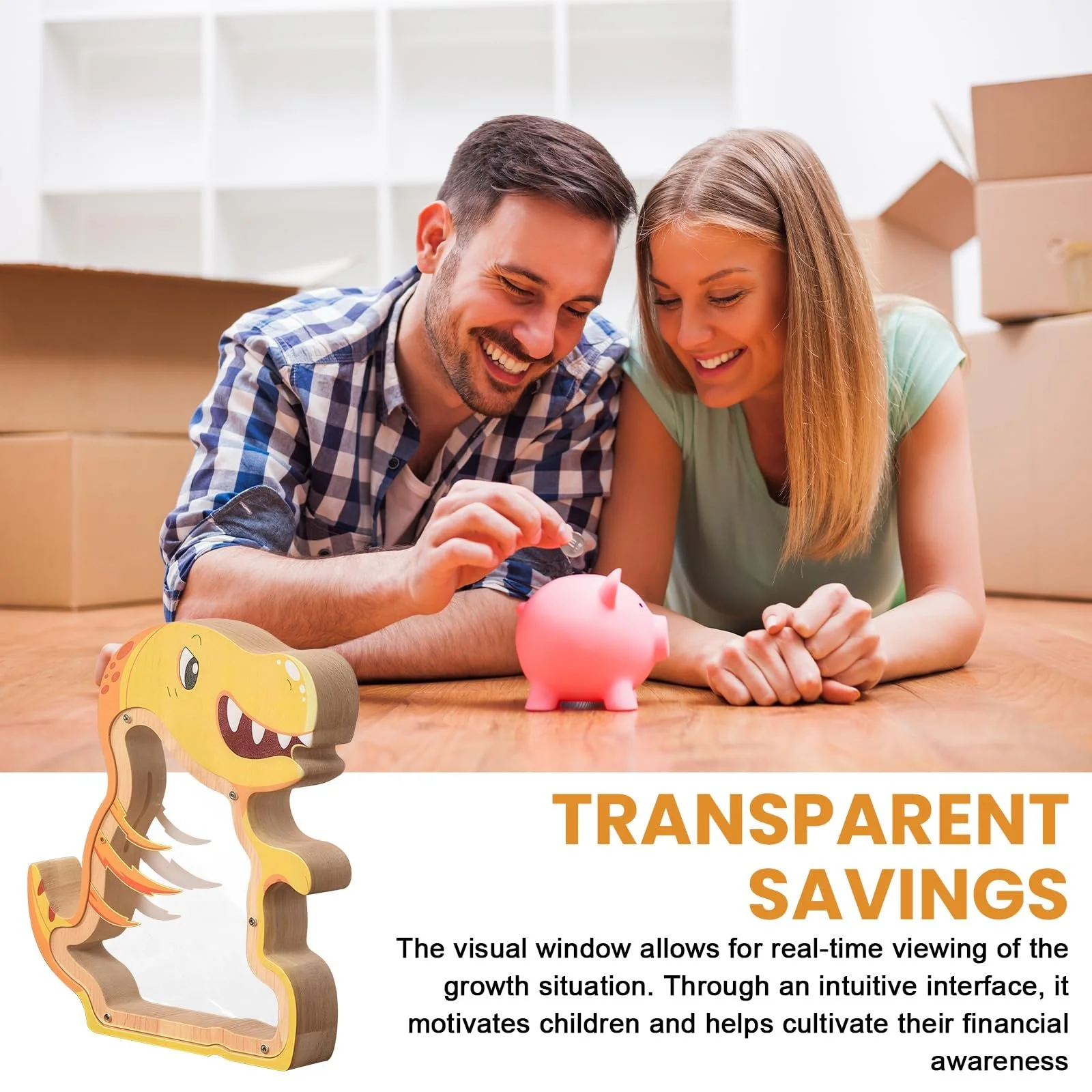 Скарбничка дерев'яна дитяча Динозавр із прозорим вікном та наклейками-літерами DIY, фото №6