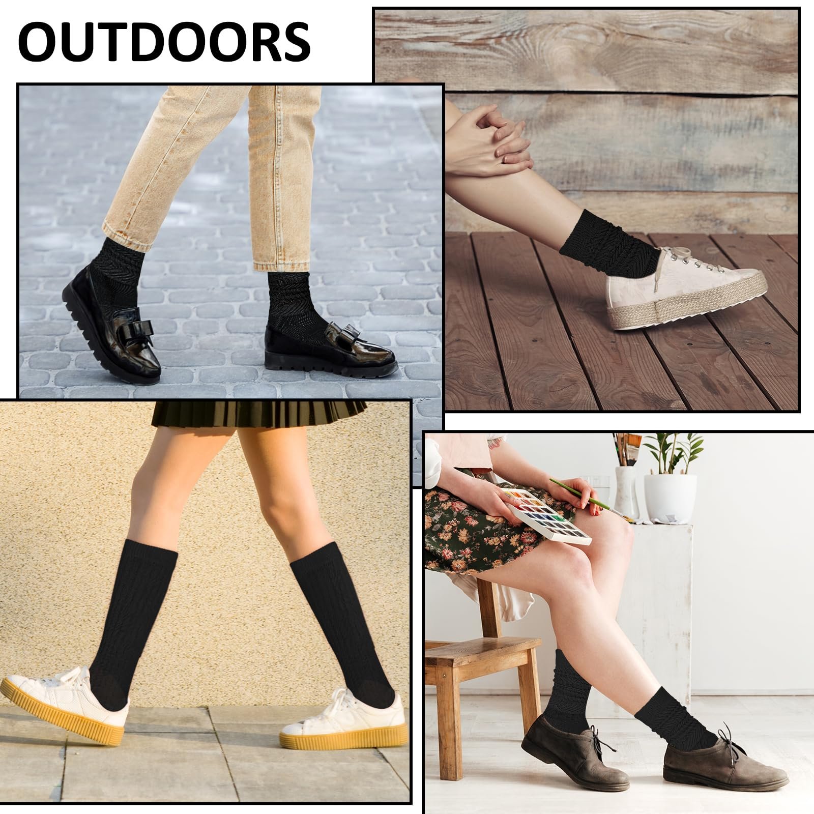 Носки Lusofie 2 пары, мягкие хлопковые, со сборкой, очень длинные для ботфортов, черный, черный, фото №4