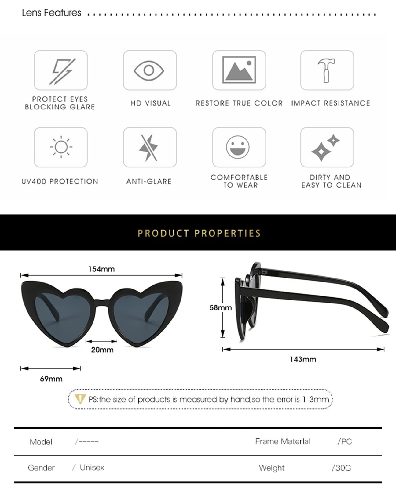 Сонцезахисні окуляри Серце Vintage Котячі Очі Любов Серце Форма UV400 Захист, фото №4