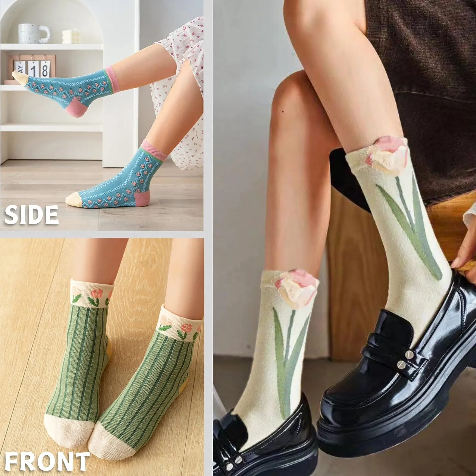 Носки KEYRI, 5 пар, женские, хлопковые, с цветочным узором, винтажные, носки-следки, теплые, повседневные, милые, с рюшами, вышитые, фото №5