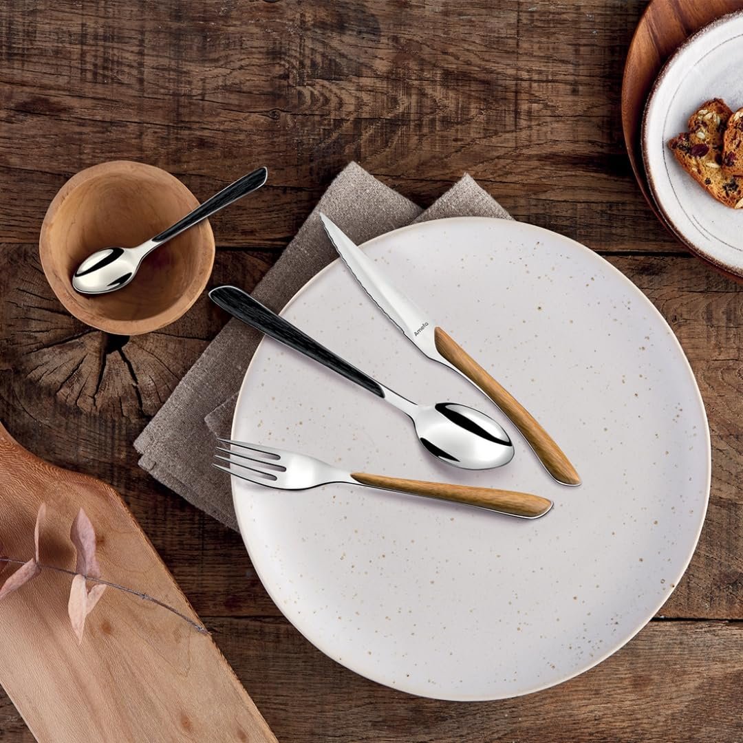 Набор столовых приборов Amefa Eclat Nature Коричневый, 24 предмета на 6 персон, нержавеющая сталь, ручки из пластика с имитацией дерева, можно мыть в посудомоечной машине, фото №3 Набор столовых приборов Amefa Eclat Nature Коричневый, 24 предмета на 6 персон, нержавеющая сталь, ручки из пластика с имитацией дерева, можно мыть в посудомоечной машине, фото №3