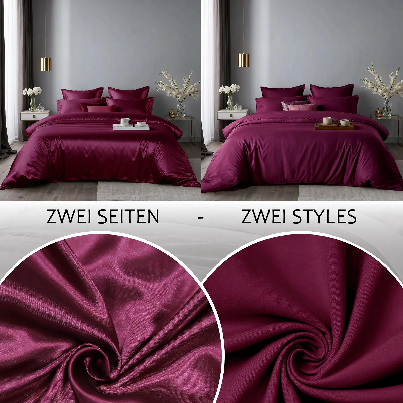 Двостороння постільна білизна Cozyor Satin & Microfibre 155 x 200 см 3 предмети 1 підковдра + 2 наволочки 40 x 80 см Бордова ягідна, фото №3